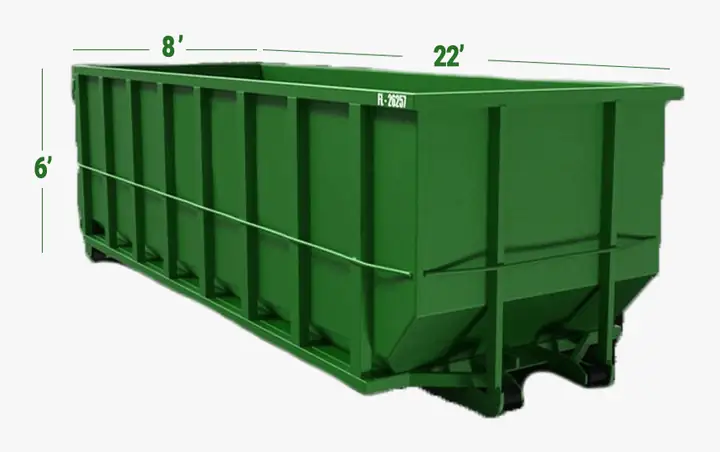 30-yard roll-off dumpster with 22 ft by 8 ft by 6 ft dimensions marked