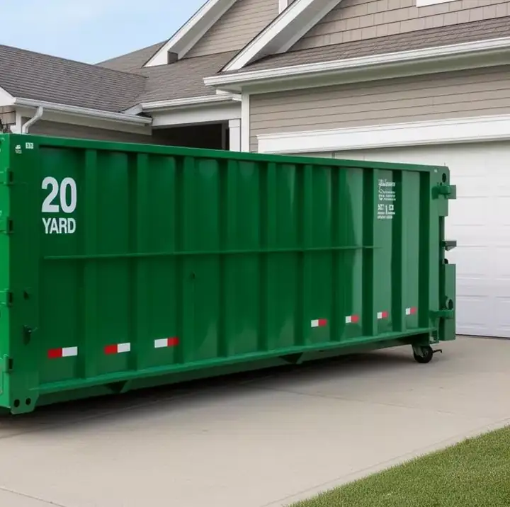 20-yard roll-off dumpster on a concrete driveway in front of a garage