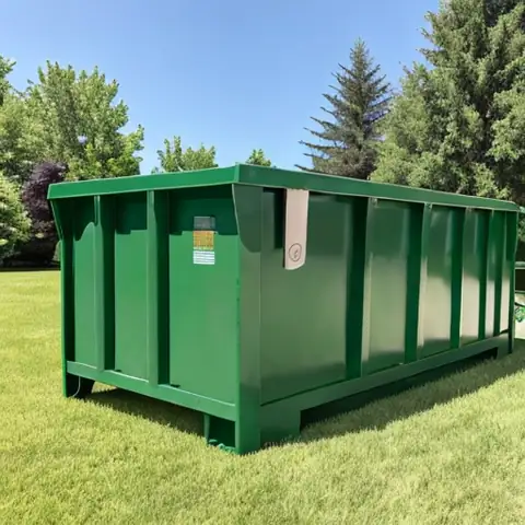 Small green roll-off dumpster on grass